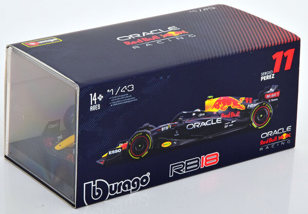 Formule 1 Red Bull RB18 #11 Team Oracle Season Car 2022 (S. Perez) + Helmet + Plastic Showcase - 1:43 - Bburago Formule 1 Red Bull RB18 #11 Team Oracle Season Car 2022 (S. Perez) + Helmet + Plastic Showcase - 1:43 - Bburago