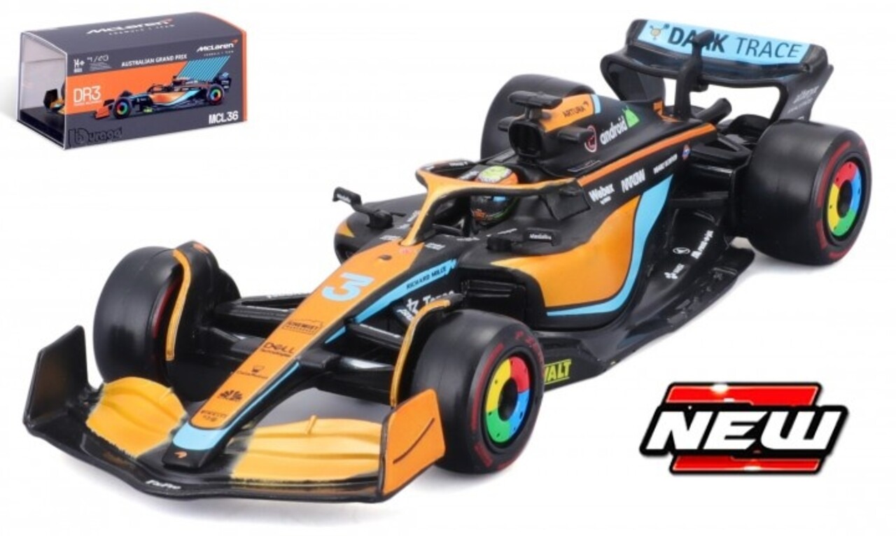 Formule 1 McLaren F1 MCL36 Mercedes Team McLaren #3 GP Australia 2022 + Helmet + Plastic Showcase (D. Ricciardo) - 1:43 - Bburago Formule 1 McLaren F1 MCL36 Mercedes Team McLaren #3 GP Australia 2022 + Helmet + Plastic Showcase (D. Ricciardo) - 1:43 - Bburago