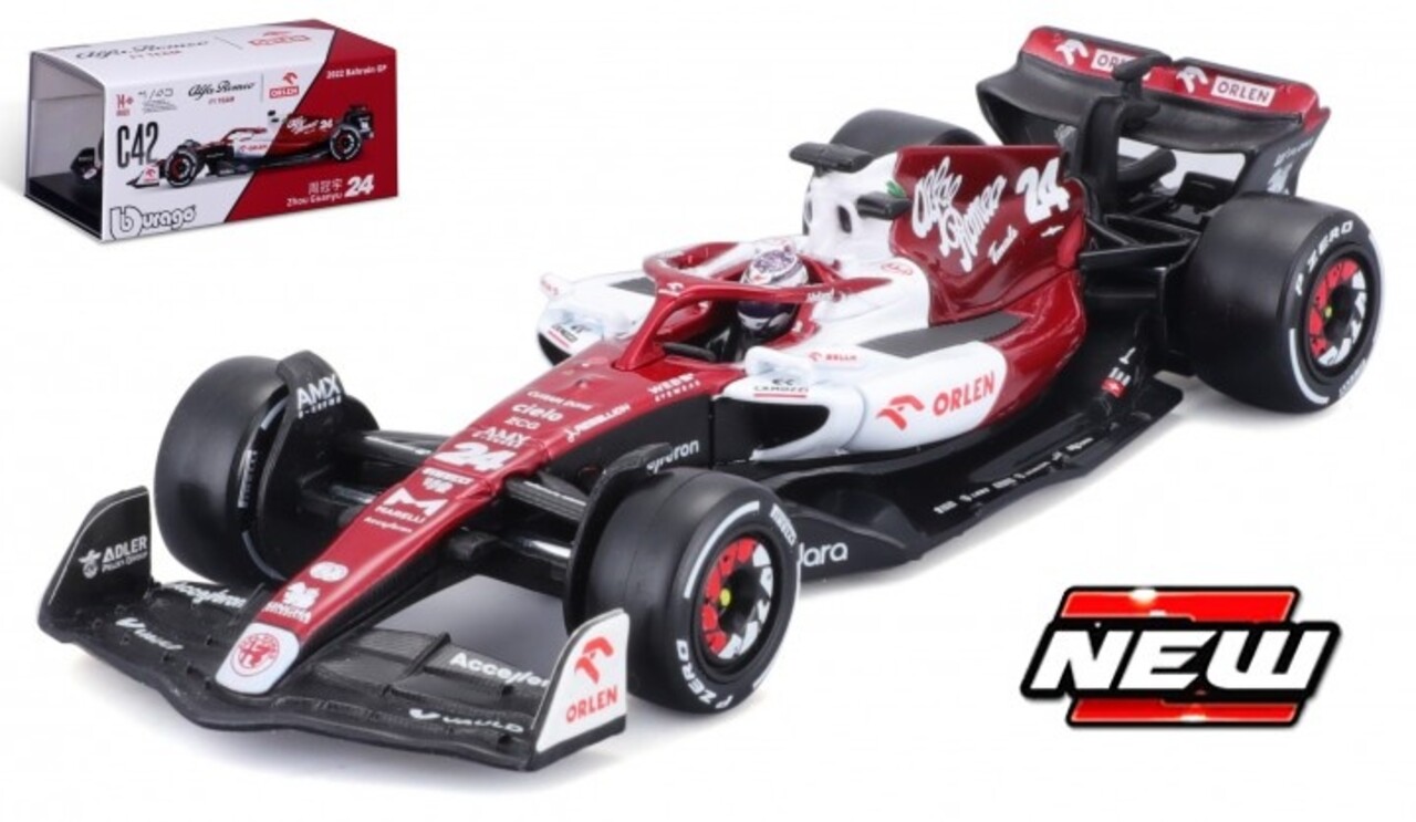 Formule 1 Alfa Romeo F1 C42 #24 Team Orlen Racing GP Bahrain 2022 (G.Zhou) + Helmet + Plastic Showcase - 1:43 - Bburago Formule 1 Alfa Romeo F1 C42 #24 Team Orlen Racing GP Bahrain 2022 (G.Zhou) + Helmet + Plastic Showcase - 1:43 - Bburago