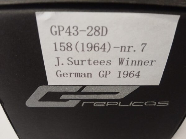 Formule 1 Ferrari 158 #7 Scuderia Ferrari Winner GP Germany 1964 John Surtees World Champion - 1:43 - GP Replicas Formule 1 Ferrari 158 #7 Scuderia Ferrari Winner GP Germany 1964 John Surtees World Champion - 1:43 - GP Replicas