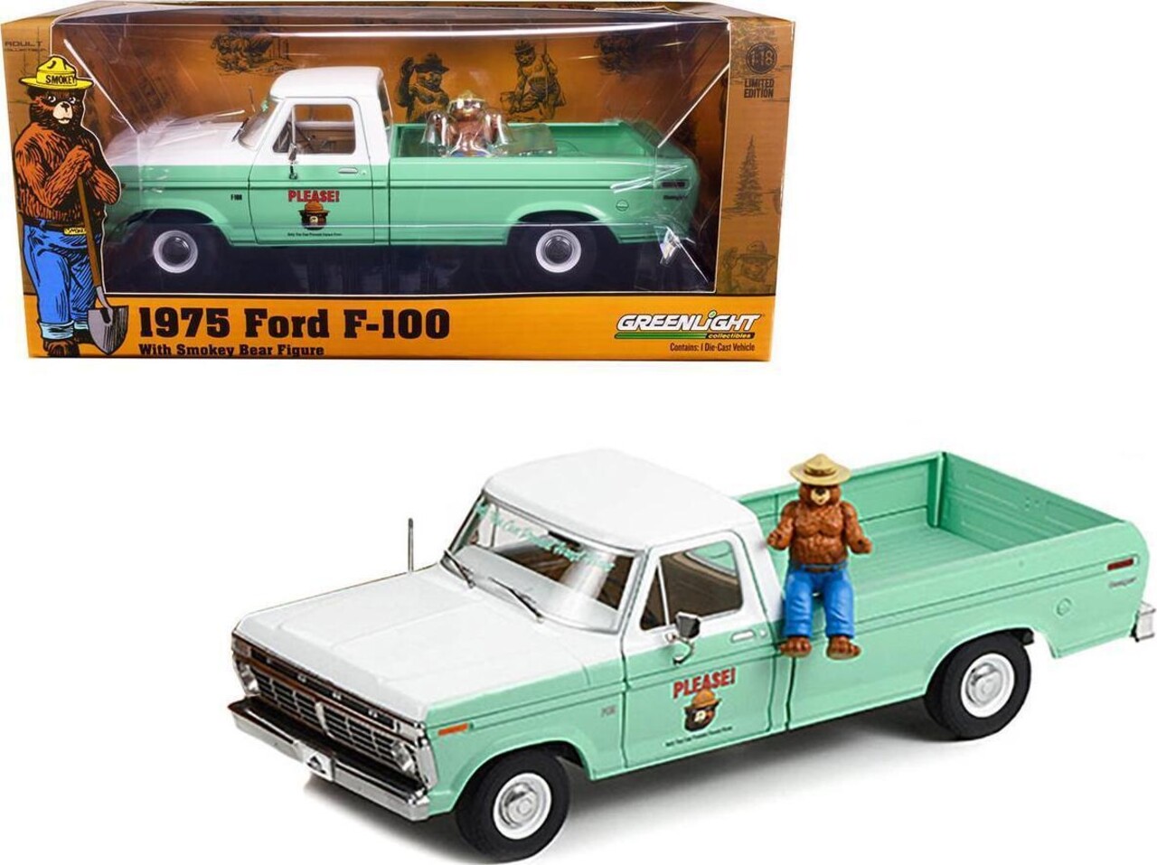 Ford Ford F-100 1975 + Smokey Bear Figure - 1:18 - Greenlight Ford Ford F-100 1975 + Smokey Bear Figure - 1:18 - Greenlight