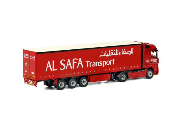 Mercedes-Benz Mercedes-Benz Actros MP4 Big Space 4x2 + Curtainside Tautliner Trailer 3 axle 'Al Safa Transport' - 1:50 - WSI Models Mercedes-Benz Mercedes-Benz Actros MP4 Big Space 4x2 + Curtainside Tautliner Trailer 3 axle 'Al Safa Transport' - 1:50 - WSI Models