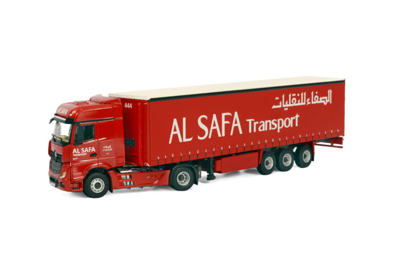Mercedes-Benz Mercedes-Benz Actros MP4 Big Space 4x2 + Curtainside Tautliner Trailer 3 axle 'Al Safa Transport' - 1:50 - WSI Models Mercedes-Benz Mercedes-Benz Actros MP4 Big Space 4x2 + Curtainside Tautliner Trailer 3 axle 'Al Safa Transport' - 1:50 - WSI Models
