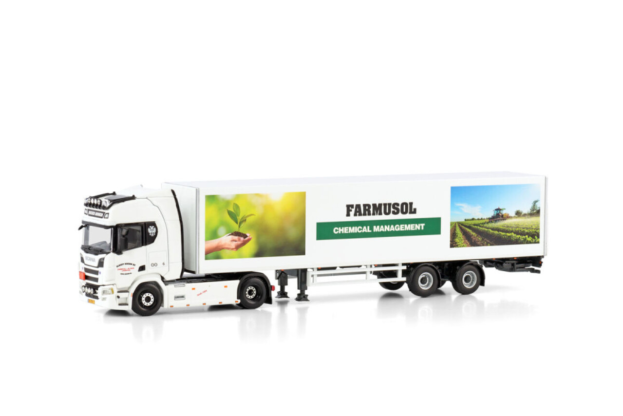 Scania Scania R Highline CR20H 4x2 + Box Semitrailer 2 Axle 'Farmusol - Riksen Arnhem' - 1:50 - WSI Models