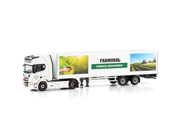 Scania Scania R Highline CR20H 4x2 + Box Semitrailer 2 Axle 'Farmusol - Riksen Arnhem' - 1:50 - WSI Models