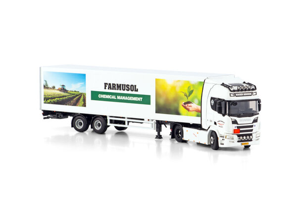 Scania Scania R Highline CR20H 4x2 + Box Semitrailer 2 Axle 'Farmusol - Riksen Arnhem' - 1:50 - WSI Models