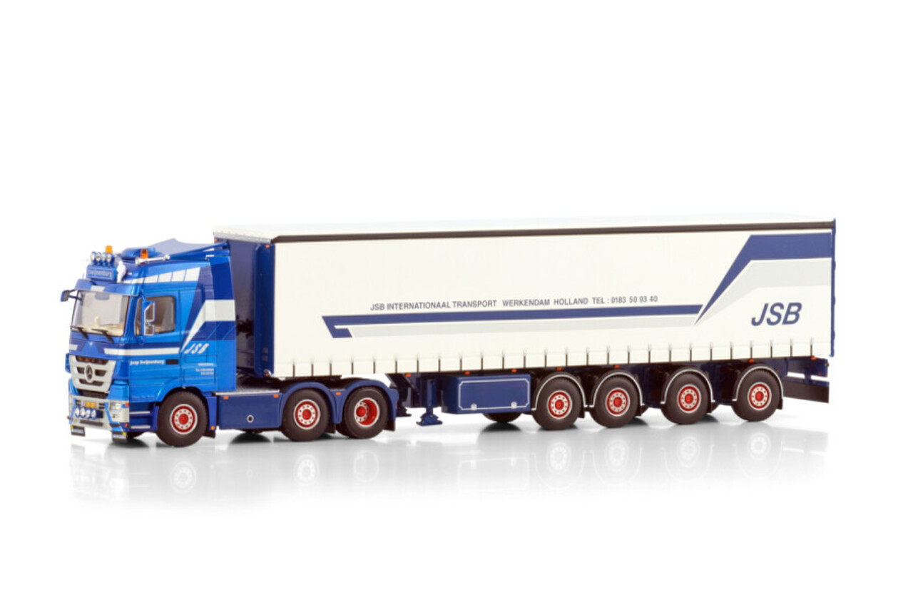 Mercedes-Benz Mercedes-Benz Actros MP3 LH 6x2 Twin Steer + Semi Curtainside Trailer 4 Axle 'JSB Swijnenburg' - 1:50 - WSI Models Mercedes-Benz Mercedes-Benz Actros MP3 LH 6x2 Twin Steer + Semi Curtainside Trailer 4 Axle 'JSB Swijnenburg' - 1:50 - WSI Models