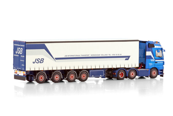 Mercedes-Benz Mercedes-Benz Actros MP3 LH 6x2 Twin Steer + Semi Curtainside Trailer 4 Axle 'JSB Swijnenburg' - 1:50 - WSI Models Mercedes-Benz Mercedes-Benz Actros MP3 LH 6x2 Twin Steer + Semi Curtainside Trailer 4 Axle 'JSB Swijnenburg' - 1:50 - WSI Models