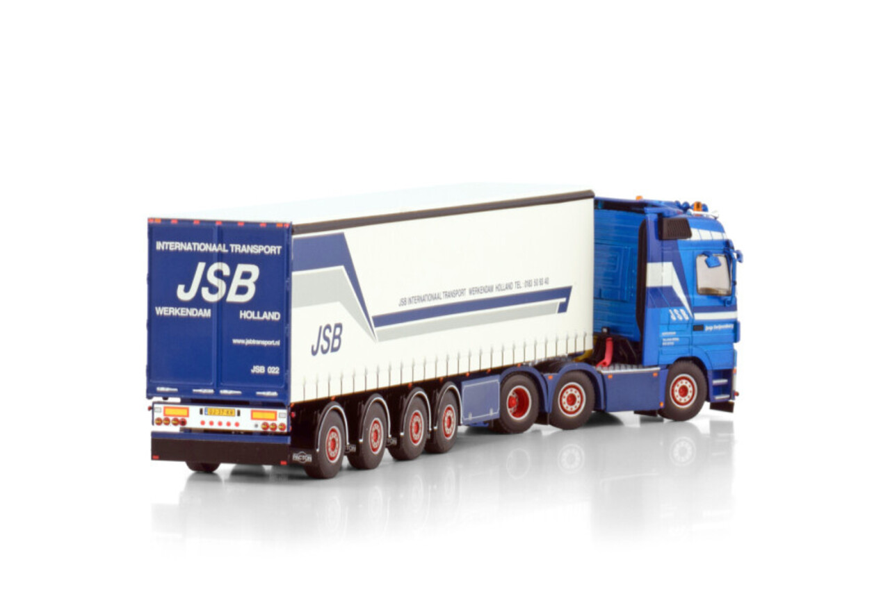 Mercedes-Benz Mercedes-Benz Actros MP3 LH 6x2 Twin Steer + Semi Curtainside Trailer 4 Axle 'JSB Swijnenburg' - 1:50 - WSI Models Mercedes-Benz Mercedes-Benz Actros MP3 LH 6x2 Twin Steer + Semi Curtainside Trailer 4 Axle 'JSB Swijnenburg' - 1:50 - WSI Models
