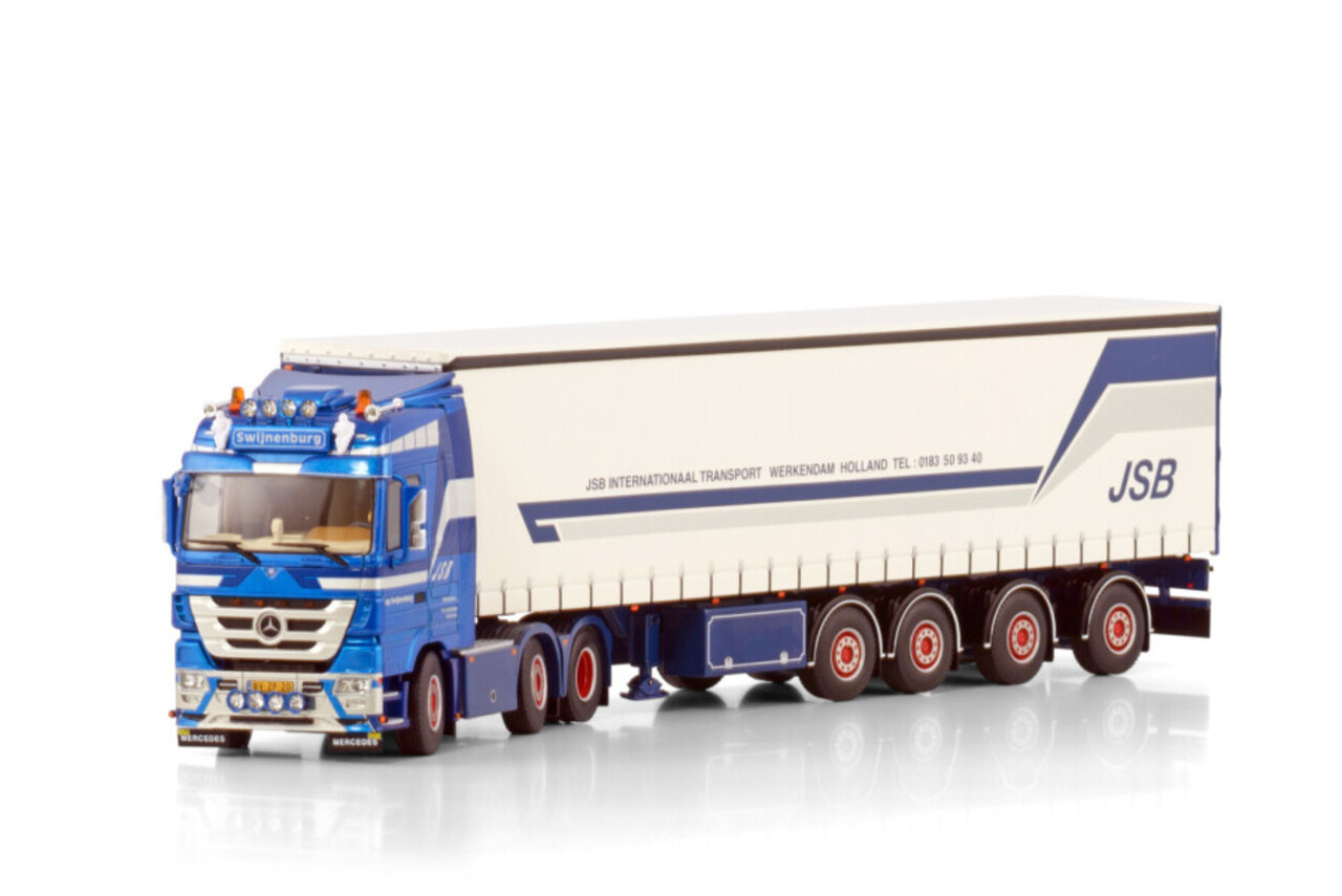 Mercedes-Benz Mercedes-Benz Actros MP3 LH 6x2 Twin Steer + Semi Curtainside Trailer 4 Axle 'JSB Swijnenburg' - 1:50 - WSI Models Mercedes-Benz Mercedes-Benz Actros MP3 LH 6x2 Twin Steer + Semi Curtainside Trailer 4 Axle 'JSB Swijnenburg' - 1:50 - WSI Models