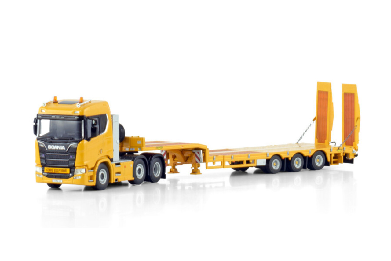 Scania Scania R Normal CR20N 6x2 Twin Steer + Semi Lowloader (3 Axle) + Ramps -1:50 - WSI Models Scania Scania R Normal CR20N 6x2 Twin Steer + Semi Lowloader (3 Axle) + Ramps -1:50 - WSI Models