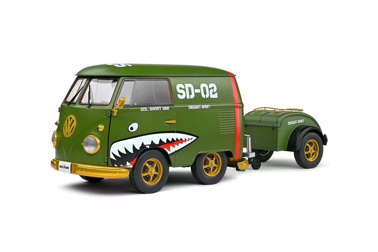 Volkswagen Volkswagen T1 Van Kool Combi + Trailer 'Army Fighter' 1950 - 1:18 - Solido Volkswagen Volkswagen T1 Van Kool Combi + Trailer 'Army Fighter' 1950 - 1:18 - Solido