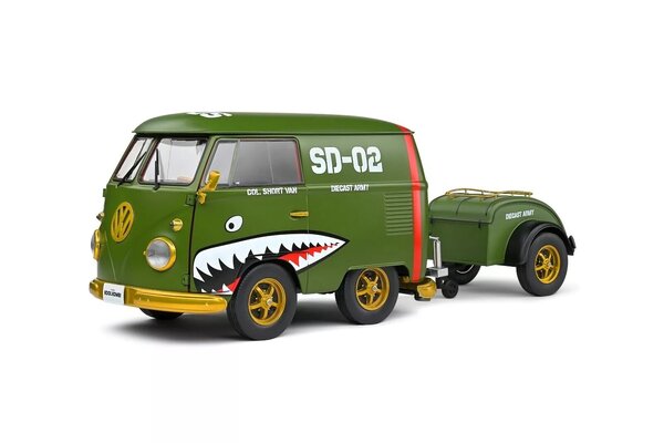 Volkswagen Volkswagen T1 Van Kool Combi + Trailer 'Army Fighter' 1950 - 1:18 - Solido Volkswagen Volkswagen T1 Van Kool Combi + Trailer 'Army Fighter' 1950 - 1:18 - Solido