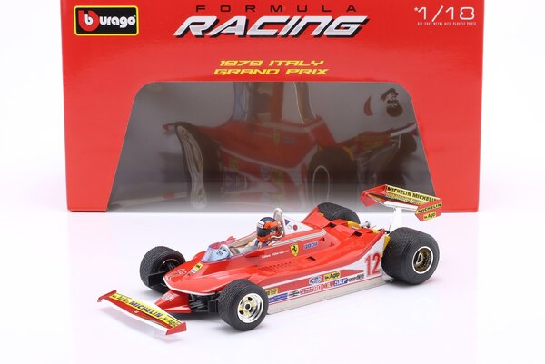 Formule 1 Ferrari F1 312T4 #12 Winner GP Watkins Glen USA (G.Villeneuve)) + Pilot Figure + Rain Wheels  -1:18 - Bburago