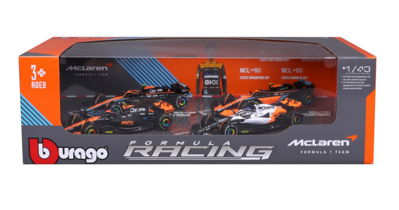Formule 1 McLaren F1 SET 4: Team McLaren MCL36 #4 GP Abu Dhabi 2022 - MCVL60 #4 GP Singapore - Monaco - UK 2023 (L.Norris)  - 1:43 - Bburago