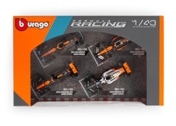 Formule 1 McLaren F1 SET 4: Team McLaren MCL36 #4 GP Abu Dhabi 2022 - MCVL60 #4 GP Singapore - Monaco - UK 2023 (L.Norris)  - 1:43 - Bburago