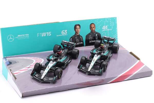 Formule 1 Mercedes-Benz F1  2X W15 EQ Performance Team AMG Petronas #44 L.Hamilton + #63 G.Russell Season 2024  - 1:43 - Bburago Formule 1 Mercedes-Benz F1  2X W15 EQ Performance Team AMG Petronas #44 L.Hamilton + #63 G.Russell Season 2024  - 1:43 - Bburago