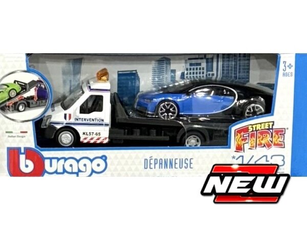 Car Transporter Flatbed Car Transporter + Bugatti Chiron - 1:43 - Bburago Car Transporter Flatbed Car Transporter + Bugatti Chiron - 1:43 - Bburago