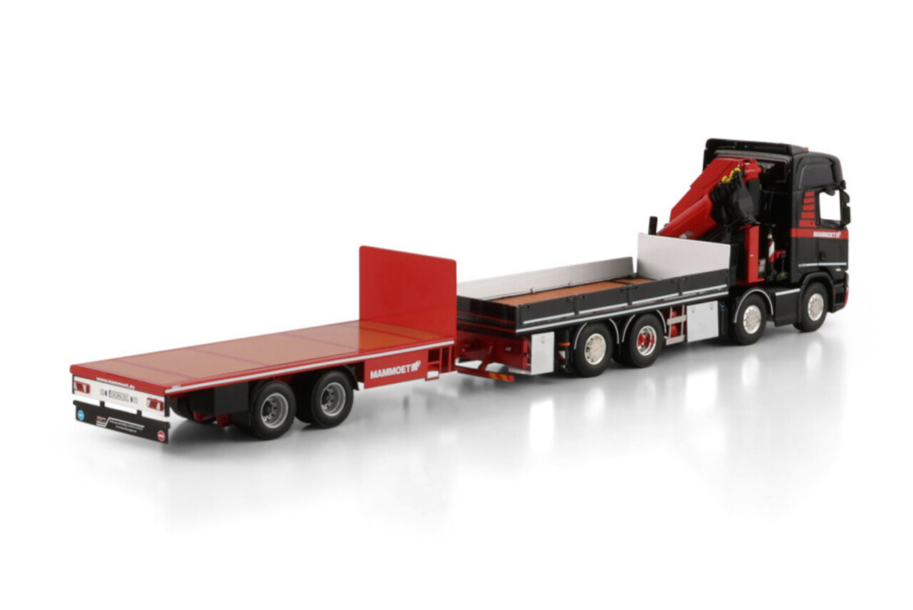 Scania Scania R Highline CR20H Rigid Flatbed Truck 8x2 Tag Axle + Drawbar Flatbed Trailer 2 Axle + Palfinger PK 370 TEC 'Mammoet' - 1:50 - WSI Models