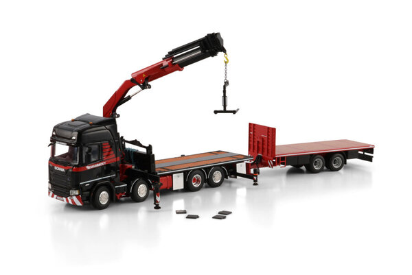 Scania Scania R Highline CR20H Rigid Flatbed Truck 8x2 Tag Axle + Drawbar Flatbed Trailer 2 Axle + Palfinger PK 370 TEC 'Mammoet' - 1:50 - WSI Models