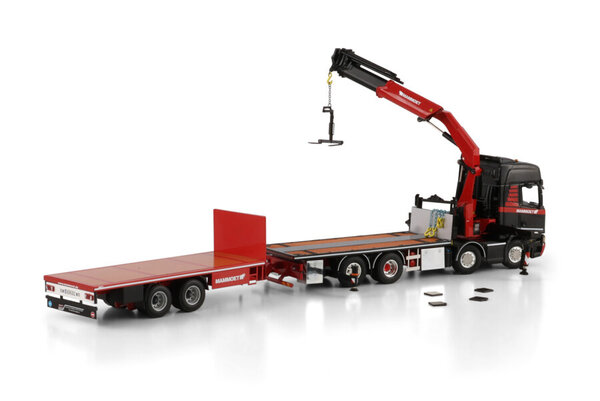 Scania Scania R Highline CR20H Rigid Flatbed Truck 8x2 Tag Axle + Drawbar Flatbed Trailer 2 Axle + Palfinger PK 370 TEC 'Mammoet' - 1:50 - WSI Models