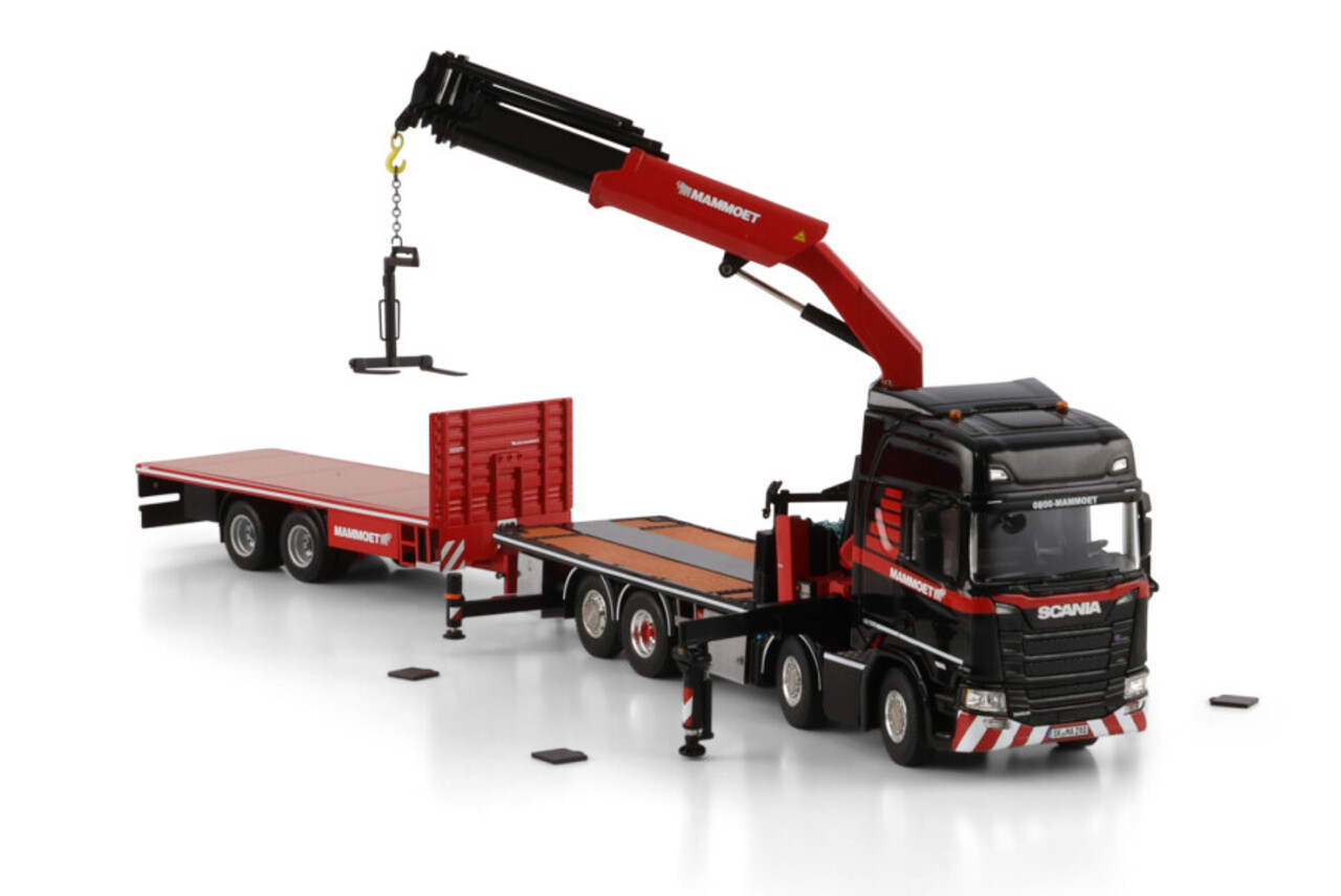Scania Scania R Highline CR20H Rigid Flatbed Truck 8x2 Tag Axle + Drawbar Flatbed Trailer 2 Axle + Palfinger PK 370 TEC 'Mammoet' - 1:50 - WSI Models