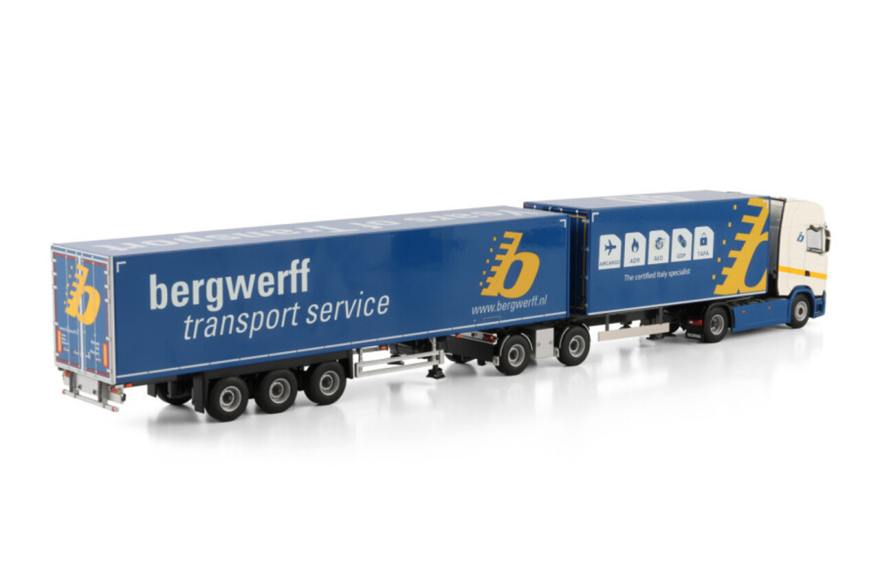 Scania Scania S Highline CS20H 4x2  Drawbar Dolly 2 Axle Box Trailer + Box Semitrailer 3 Axle (Road Train)  'Bergwerff Transport' - 1:50 - WSI Models Scania Scania S Highline CS20H 4x2  Drawbar Dolly 2 Axle Box Trailer + Box Semitrailer 3 Axle (Road Train)  'Bergwerff Transport' - 1:50 - WSI Models