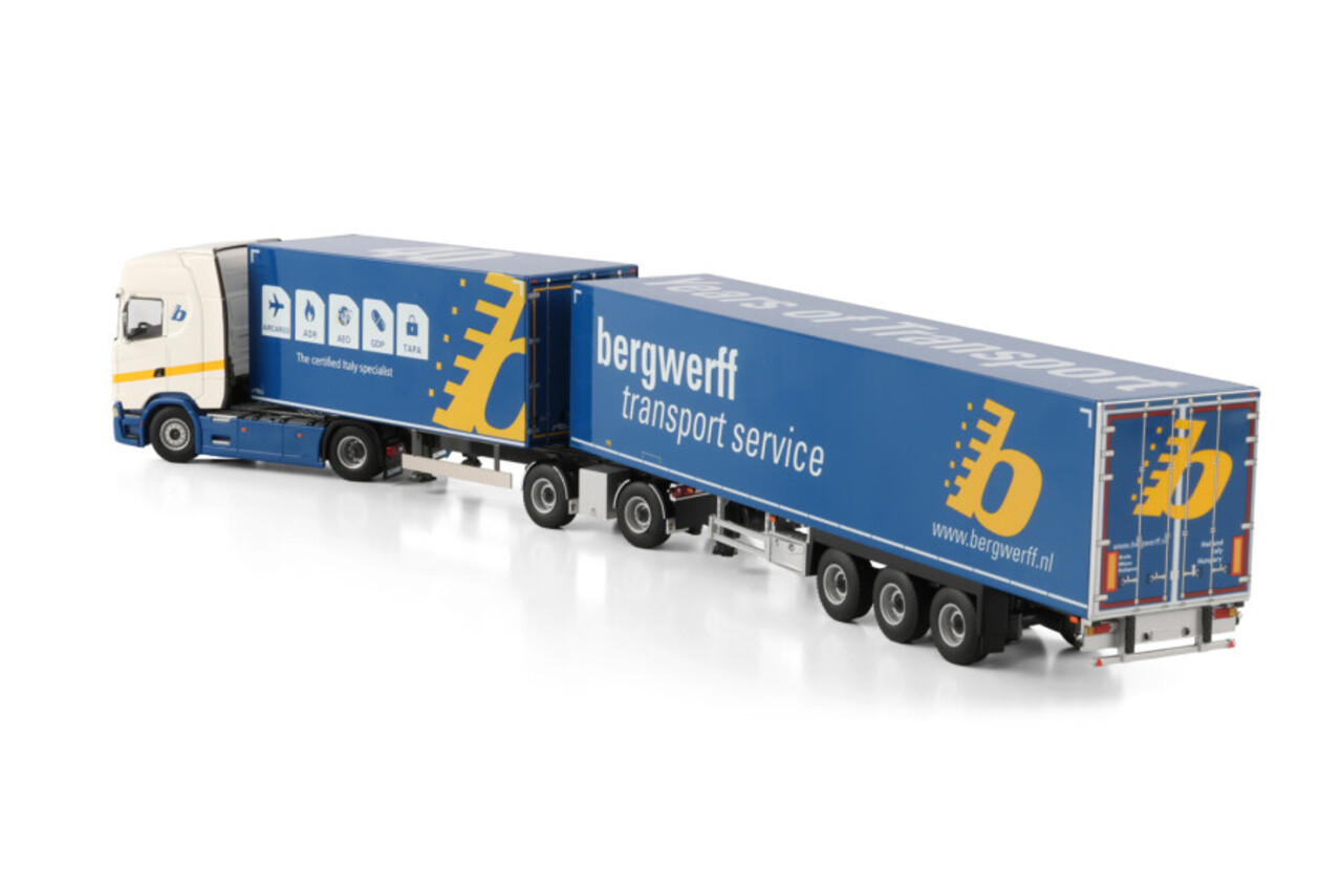 Scania Scania S Highline CS20H 4x2  Drawbar Dolly 2 Axle Box Trailer + Box Semitrailer 3 Axle (Road Train)  'Bergwerff Transport' - 1:50 - WSI Models Scania Scania S Highline CS20H 4x2  Drawbar Dolly 2 Axle Box Trailer + Box Semitrailer 3 Axle (Road Train)  'Bergwerff Transport' - 1:50 - WSI Models