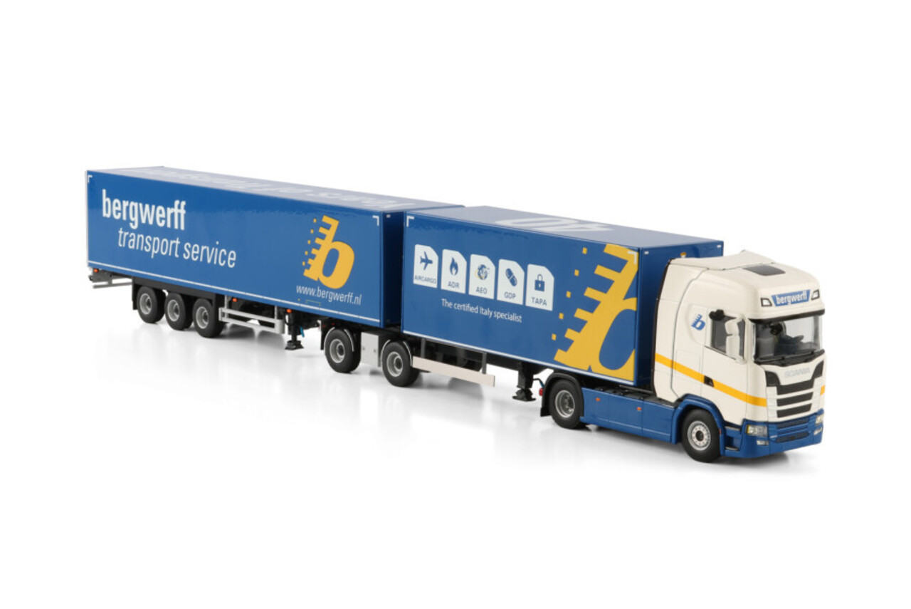 Scania Scania S Highline CS20H 4x2  Drawbar Dolly 2 Axle Box Trailer + Box Semitrailer 3 Axle (Road Train)  'Bergwerff Transport' - 1:50 - WSI Models Scania Scania S Highline CS20H 4x2  Drawbar Dolly 2 Axle Box Trailer + Box Semitrailer 3 Axle (Road Train)  'Bergwerff Transport' - 1:50 - WSI Models