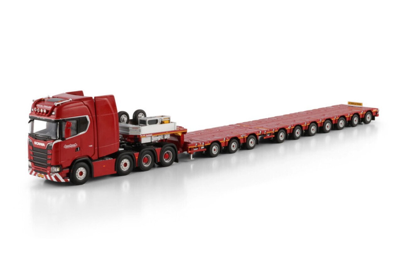 Scania Scania S Highline CS20H 8x4 + Manoovr Flatbed Trailer (Dolly 3 Axle + 7 Axle) 'Nooteboom Red Line' - 1:50 - WSI Models