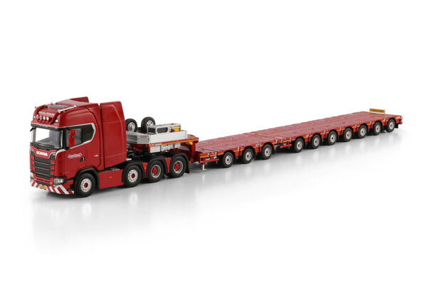 Scania Scania S Highline CS20H 8x4 + Manoovr Flatbed Trailer (Dolly 3 Axle + 7 Axle) 'Nooteboom Red Line' - 1:50 - WSI Models