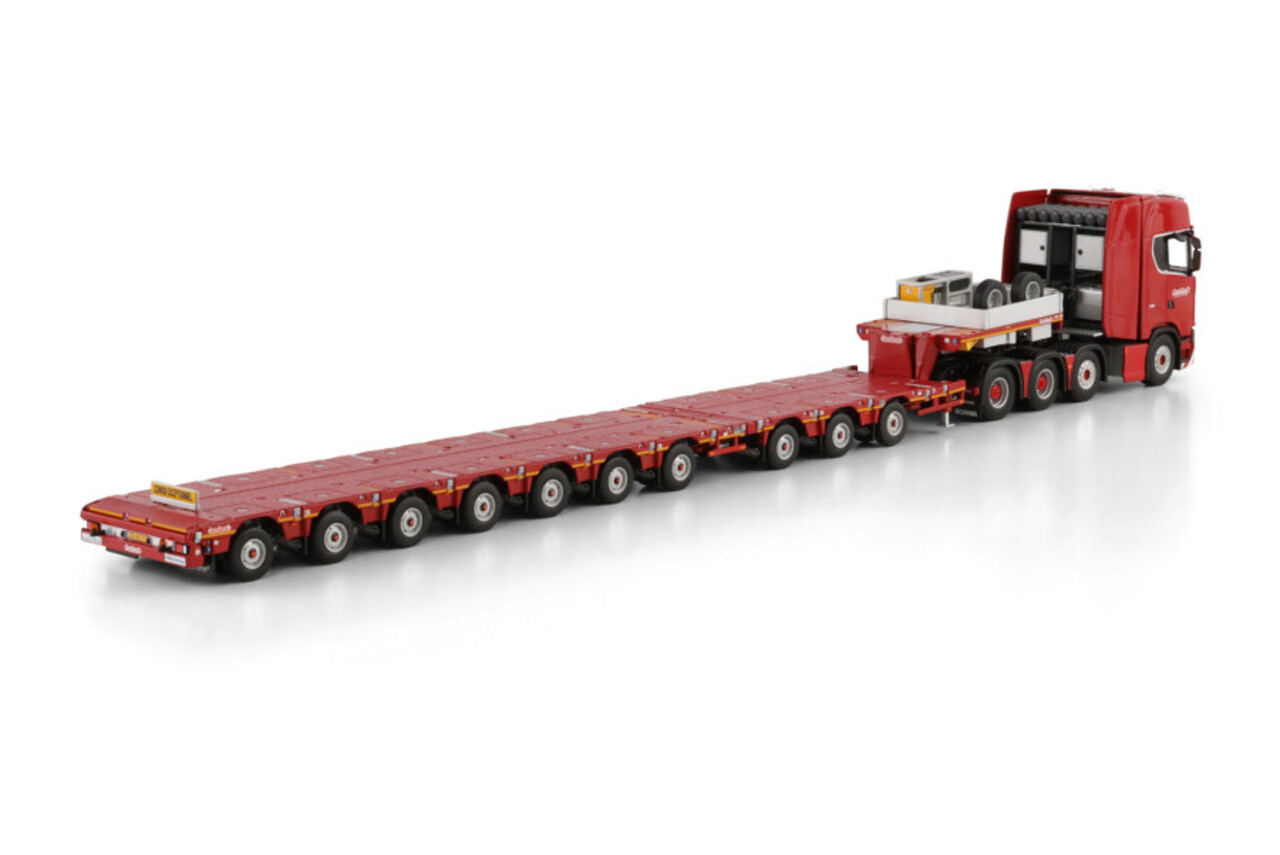 Scania Scania S Highline CS20H 8x4 + Manoovr Flatbed Trailer (Dolly 3 Axle + 7 Axle) 'Nooteboom Red Line' - 1:50 - WSI Models