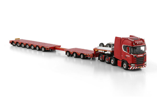 Scania Scania S Highline CS20H 8x4 + Manoovr Flatbed Trailer (Dolly 3 Axle + 7 Axle) 'Nooteboom Red Line' - 1:50 - WSI Models