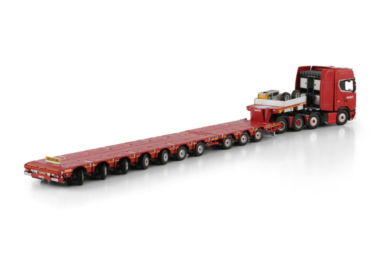Scania Scania S Highline CS20H 8x4 + Manoovr Flatbed Trailer (Dolly 3 Axle + 7 Axle) 'Nooteboom Red Line' - 1:50 - WSI Models