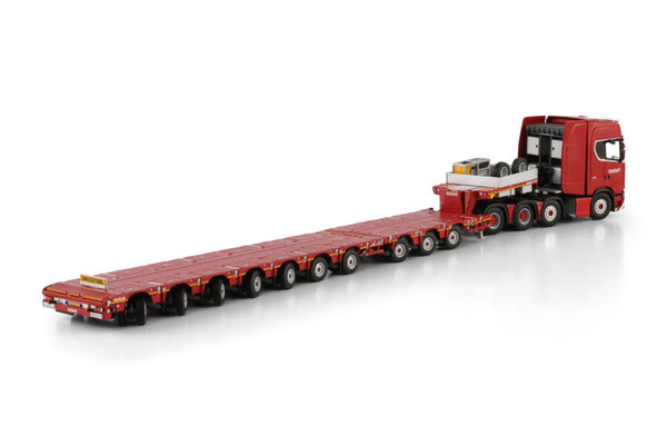 Scania Scania S Highline CS20H 8x4 + Manoovr Flatbed Trailer (Dolly 3 Axle + 7 Axle) 'Nooteboom Red Line' - 1:50 - WSI Models
