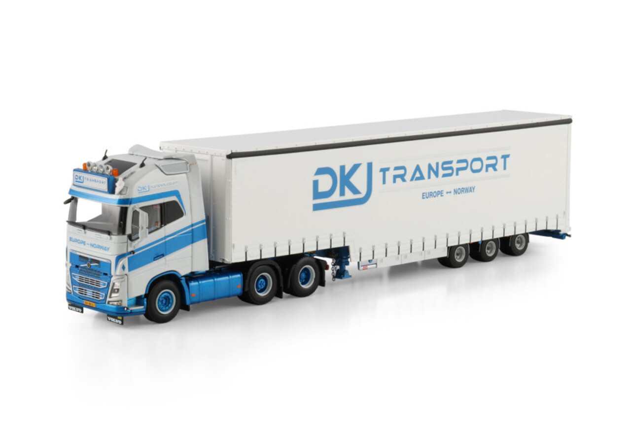 Volvo Volvo FH5 Globetrotter XL 6x2 Tag Axle + Curtainside Semitrailer 3 Axle 'DKJ Transport' - 1:50 - WSI Models Volvo Volvo FH5 Globetrotter XL 6x2 Tag Axle + Curtainside Semitrailer 3 Axle 'DKJ Transport' - 1:50 - WSI Models