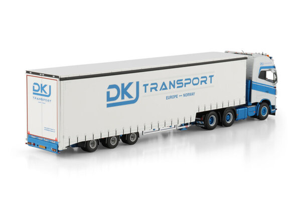 Volvo Volvo FH5 Globetrotter XL 6x2 Tag Axle + Curtainside Semitrailer 3 Axle 'DKJ Transport' - 1:50 - WSI Models Volvo Volvo FH5 Globetrotter XL 6x2 Tag Axle + Curtainside Semitrailer 3 Axle 'DKJ Transport' - 1:50 - WSI Models