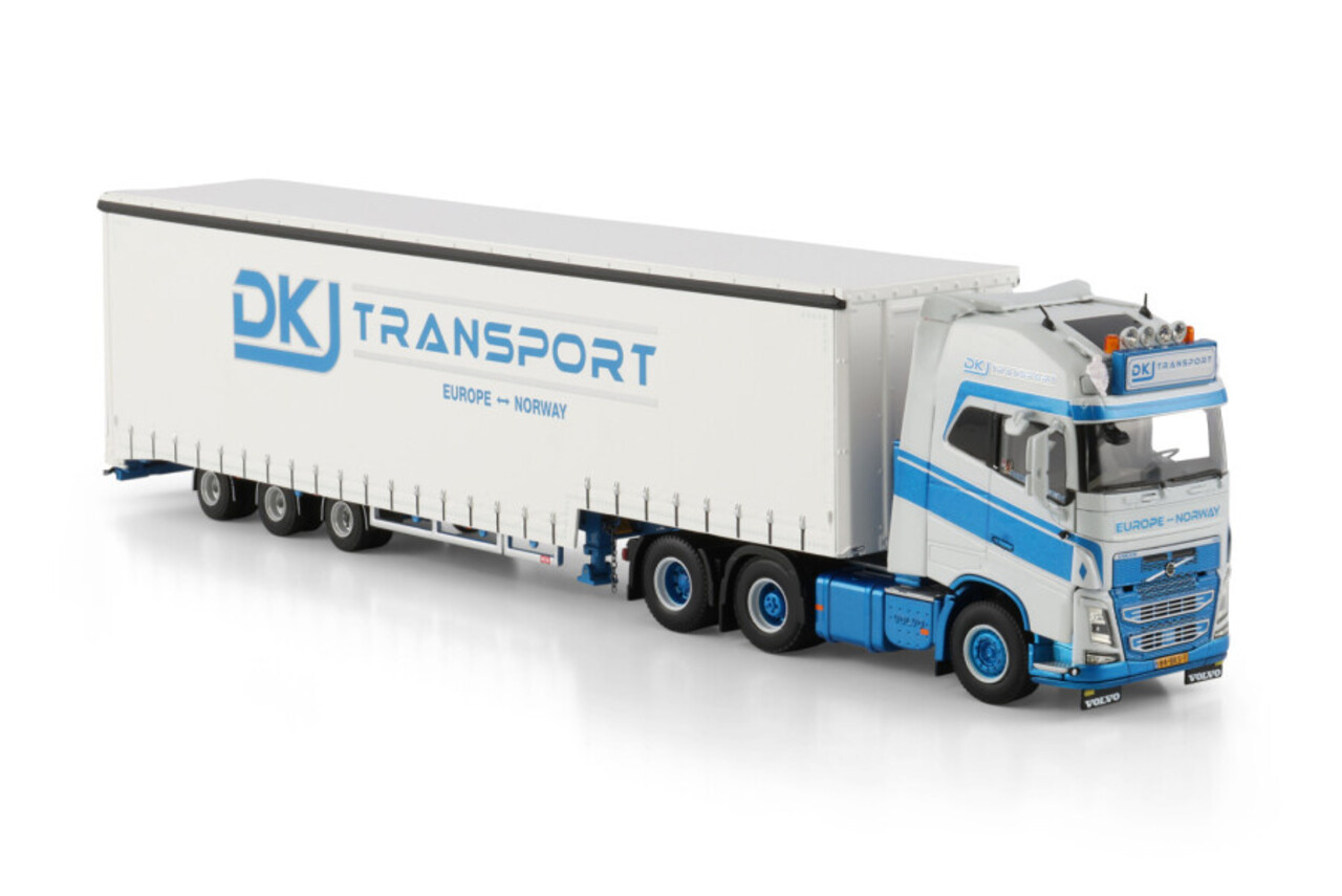 Volvo Volvo FH5 Globetrotter XL 6x2 Tag Axle + Curtainside Semitrailer 3 Axle 'DKJ Transport' - 1:50 - WSI Models Volvo Volvo FH5 Globetrotter XL 6x2 Tag Axle + Curtainside Semitrailer 3 Axle 'DKJ Transport' - 1:50 - WSI Models