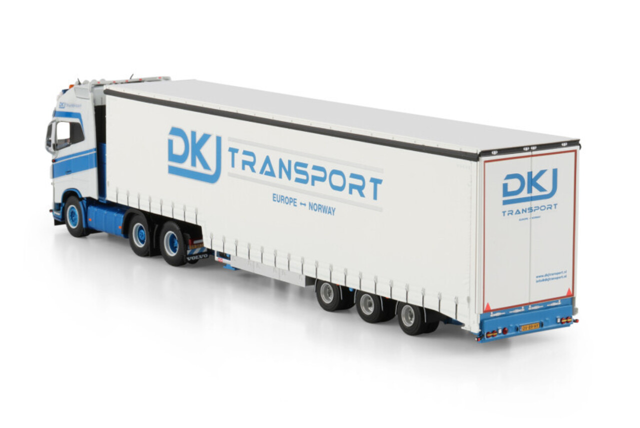 Volvo Volvo FH5 Globetrotter XL 6x2 Tag Axle + Curtainside Semitrailer 3 Axle 'DKJ Transport' - 1:50 - WSI Models Volvo Volvo FH5 Globetrotter XL 6x2 Tag Axle + Curtainside Semitrailer 3 Axle 'DKJ Transport' - 1:50 - WSI Models
