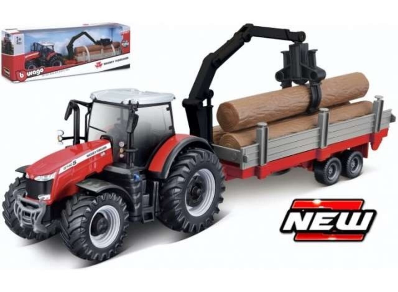 Massey Ferguson Massey Ferguson 8740S Tractor + Trailer 2 Axle + Tree Forwarder + Wood - 1:50 - Bburago Massey Ferguson Massey Ferguson 8740S Tractor + Trailer 2 Axle + Tree Forwarder + Wood - 1:50 - Bburago