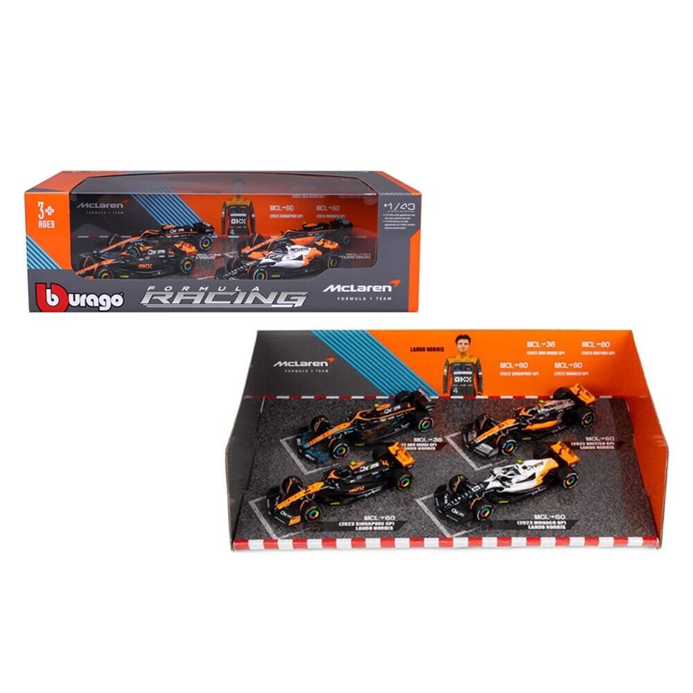 Formule 1 McLaren F1 SET 4X; Team McLaren MCL36 #4 GP Abu Dhabi 2022 + MCL60 #4 GP Singapore + MCL60 #4 GP Monaca + MCL60 #4 GP UK 2023 (Norris)  - 1:43 - Bburago