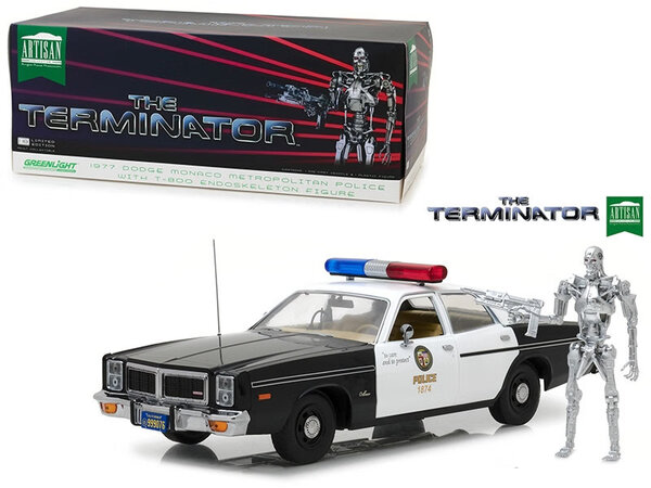 Movie Memorabilia Dodge Monaco Metropolitan Police 1977 + T-800 Figure 'The Terminator' - 1:18 - Greenlight
