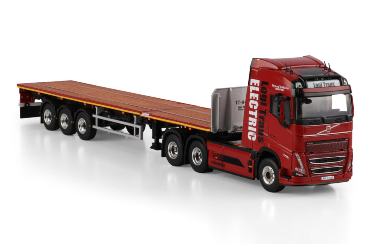 Volvo Volvo FH5 Globetrotter Electric 6x2 Tag Axle + Flatbed Semitrailer 3 Axle 'Logi Trans'  - 1:50 - WSI Models