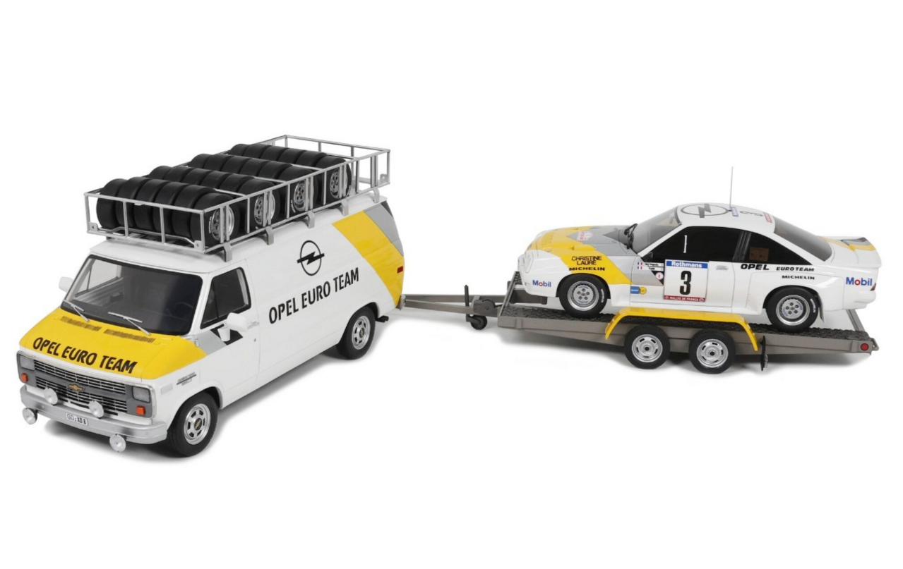 Chevrolet Chevrolet Rally Set: G30 Van Assistance Team Opel 1986 + Trailer 2 Axle + Opel Manta 400 #3 Tour de Corse 1984 - 1:18 - Otto Mobile Models
