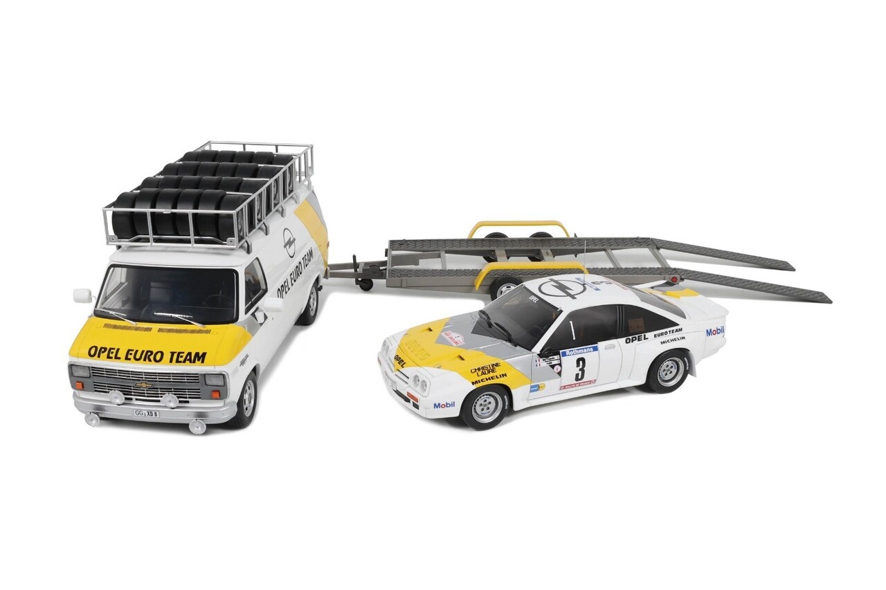 Chevrolet Chevrolet Rally Set: G30 Van Assistance Team Opel 1986 + Trailer 2 Axle + Opel Manta 400 #3 Tour de Corse 1984 - 1:18 - Otto Mobile Models