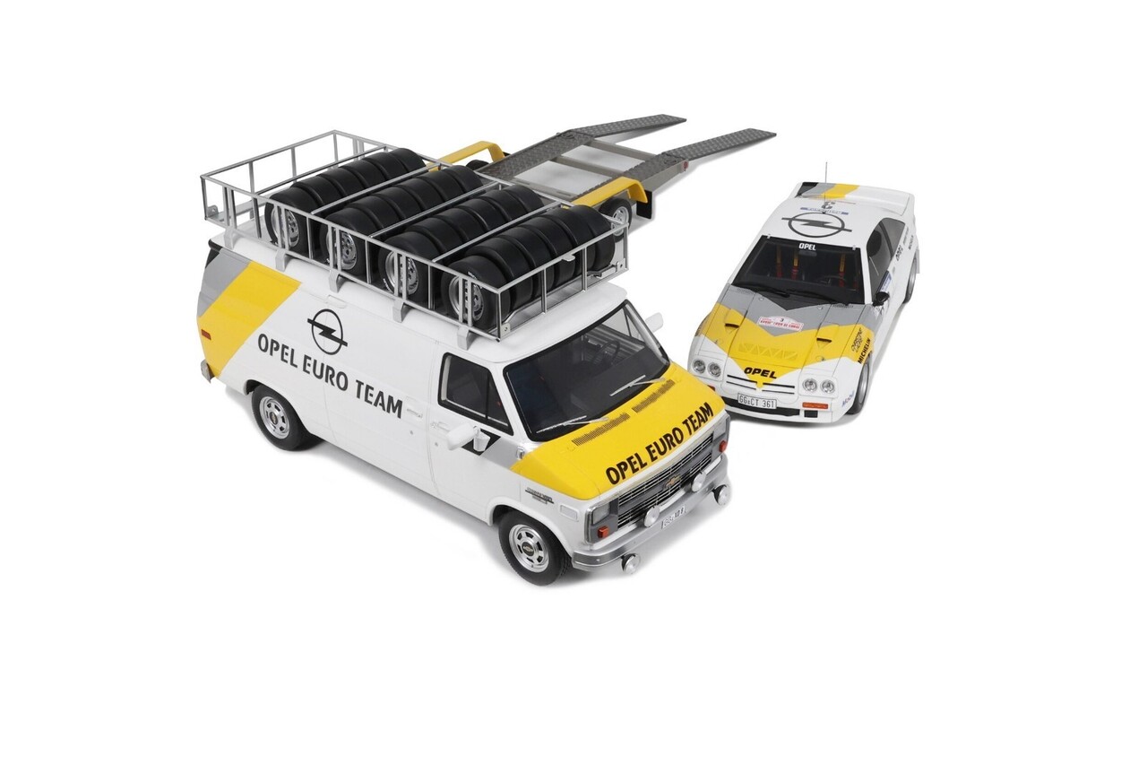 Chevrolet Chevrolet Rally Set: G30 Van Assistance Team Opel 1986 + Trailer 2 Axle + Opel Manta 400 #3 Tour de Corse 1984 - 1:18 - Otto Mobile Models