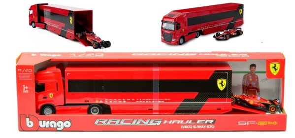 Iveco Iveco S-Way 570  Tractor 4x2 + Semi Racing Transporter 3 axle + Ferrari SF-24 #16 Leclerc - 1:43 - Bburago
