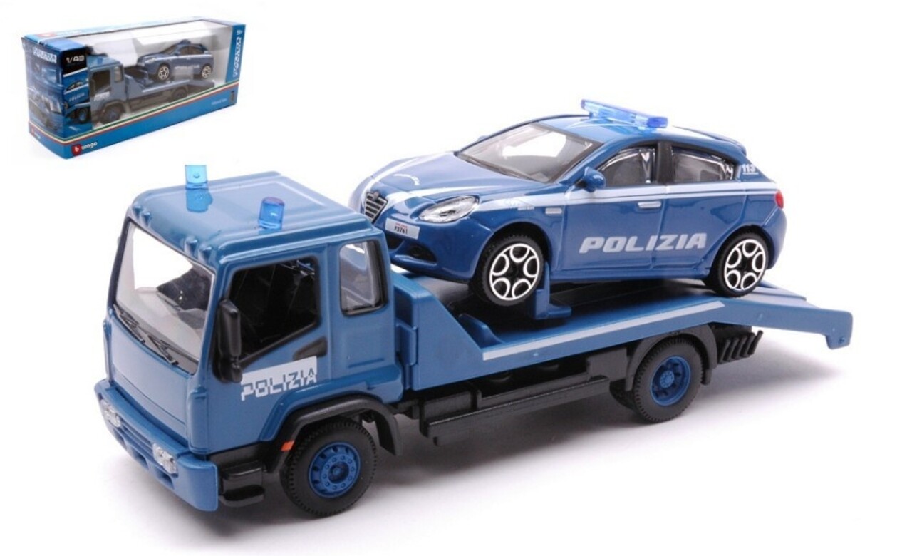 Alfa Romeo Flatbed Recovery Truck 4x2 + Alfa Romeo Giulietta 'Italian Police' - 1:43 - Bburago