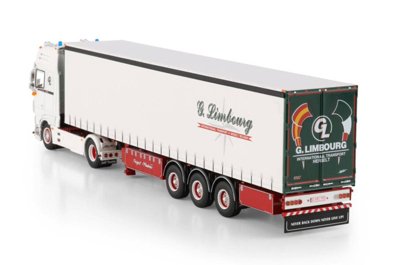 DAF DAF 95XF Super Space Cab Tractor 4x2 MY 2017 + Curtainside Semi Trailer 3 Axle 'Limbourg' - 1:50 - WSI Models DAF DAF 95XF Super Space Cab Tractor 4x2 MY 2017 + Curtainside Semi Trailer 3 Axle 'Limbourg' - 1:50 - WSI Models