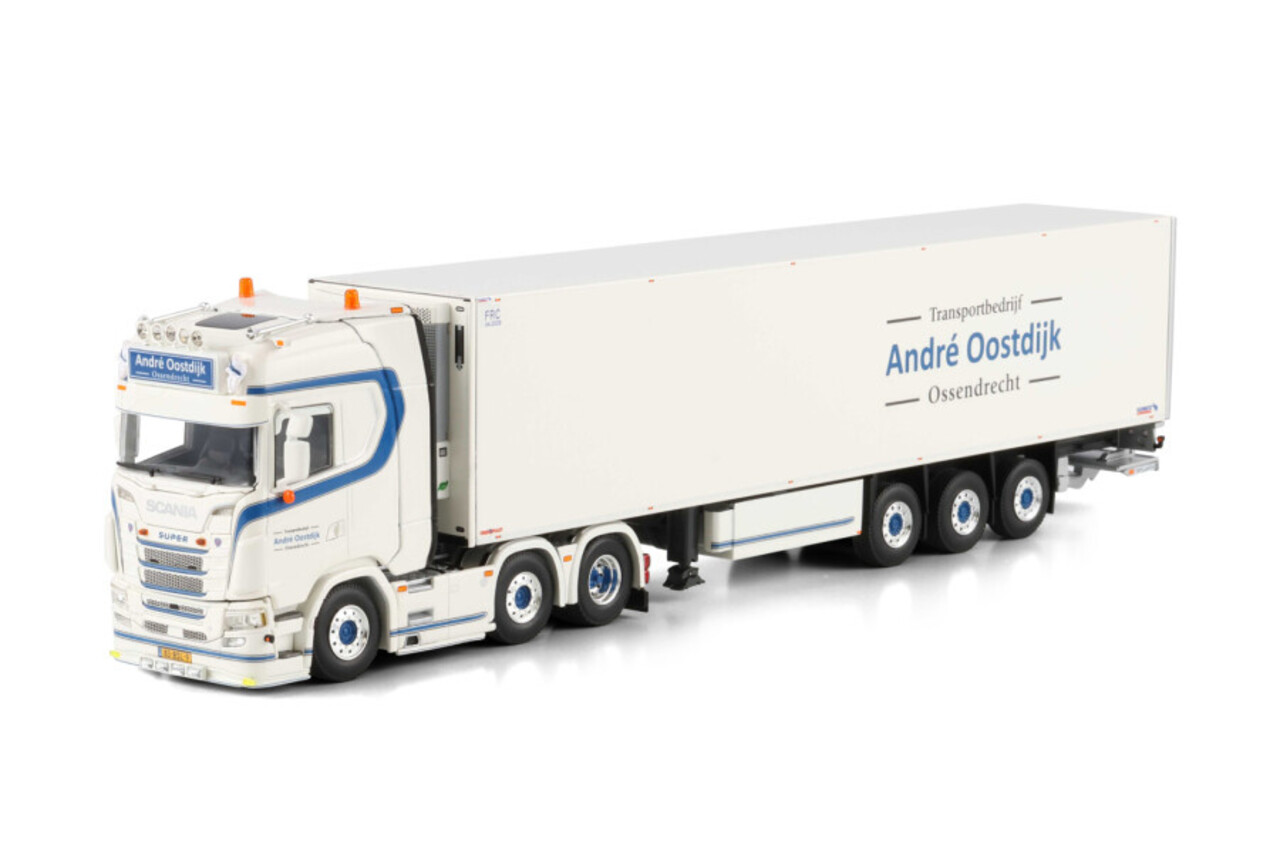 Scania Scania S Highline CS20H 6x2 Twin Steer + Reefer Semitrailer 3 Axle 'André Oostdijk' - 1:50 - WSI Models Scania Scania S Highline CS20H 6x2 Twin Steer + Reefer Semitrailer 3 Axle 'André Oostdijk' - 1:50 - WSI Models